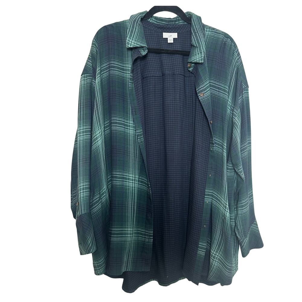 J Jill 2X Blue Green Plaid 100% Rayon Button Front Tunic Shirt Oversized - Picture 3 of 12